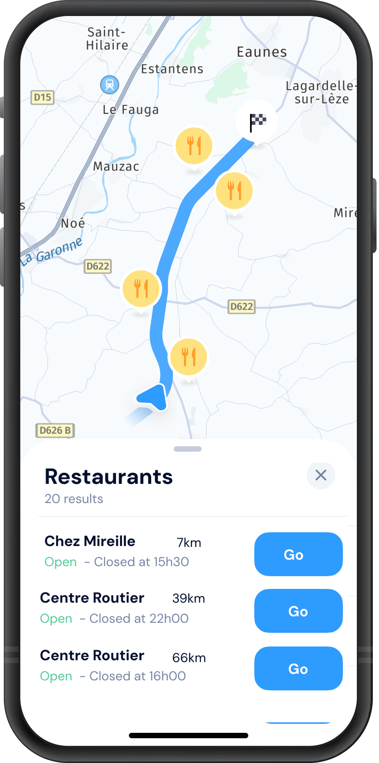 Visualisation des POI accessibles en poids lourd le long de l'itinéraire